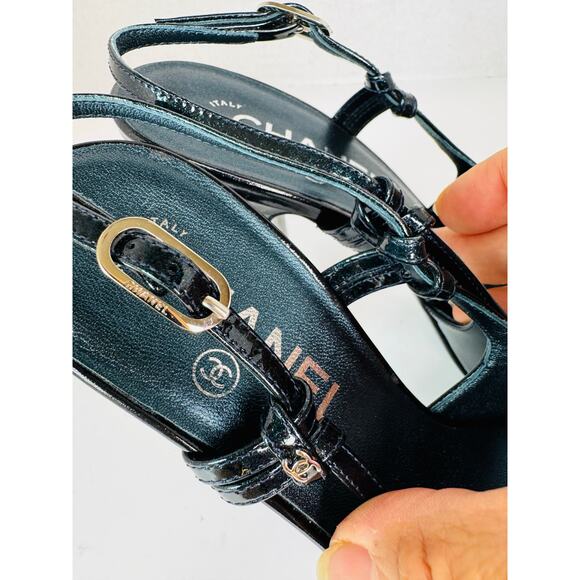 Chanel Forest Green Patent Slingback Pumps IT 38 2009 CC Logo Heels Vintage - Picture 9 of 10